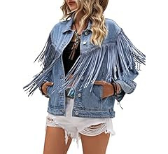Vetinee Denim Jacket for Women Fringe Trucker Jean Jacket Distressed Western Cowgirl Shacket Jack... | Amazon (US)