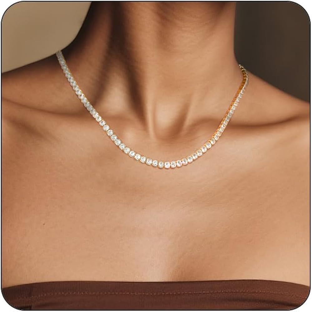 Dainty Tennis Necklaces for Women 14K Gold Plated Thin CZ Tennis Necklace Faux Diamond Tennis Cha... | Amazon (US)