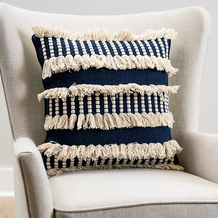 Navy Woven Dashes and Tassels Pillow | Kirkland's Home