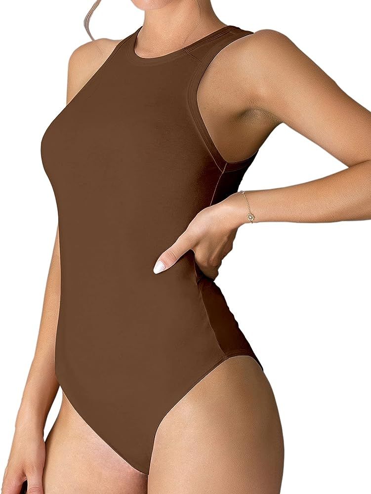MANGDIUP Womens Crewneck Sleeveless Long Sleeve Bodysuit Basic Stretch Cotton Jumpsuit Tops | Amazon (US)