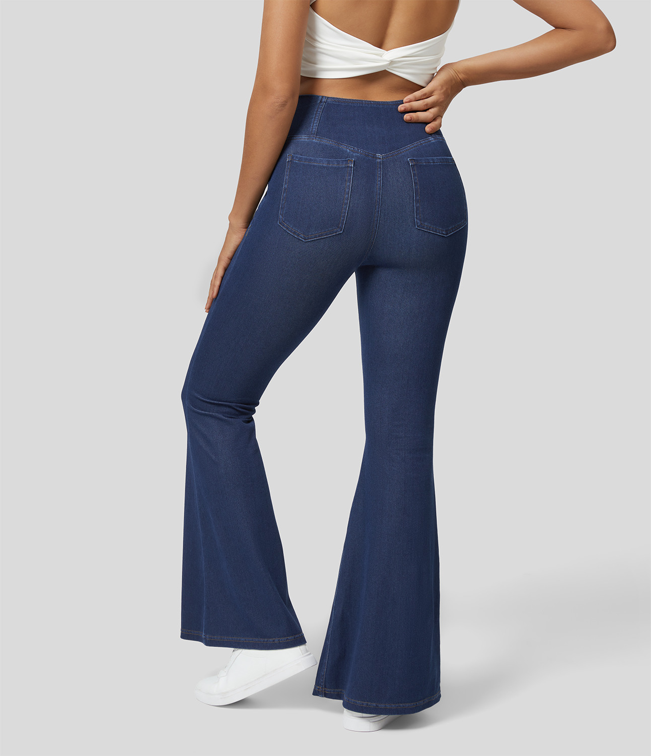 Halara Halara Flex™ High Waisted Crossover Pocket Cool Touch Washed Stretchy Knit Casual Super Flare Jeans - Gloomy Blue Denim - M(petite) | HALARA
