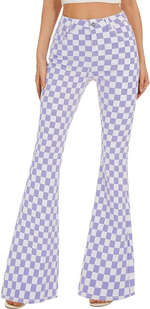 Bell Bottom Jeans for Women High Waisted Stretch Plaid Flare Jeans Denim Bootcut Pants | Amazon (US)