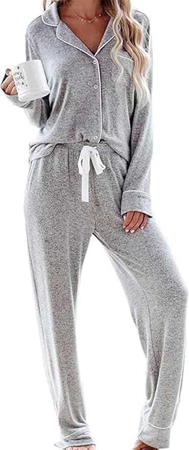 Womens Pajamas Sets Long Sleeve Sleepwear Button Down Soft Nightwear Pjs Set with Pockets | Amazon (US)