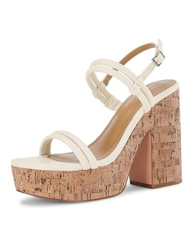 Coutgo Womens Cork Wedge Sandals Heels Open Toe High Heel Platform Slingback Ankle Strap Buckle Summer Dressy Shoes, Beige, Size 5.5 | Amazon (US)