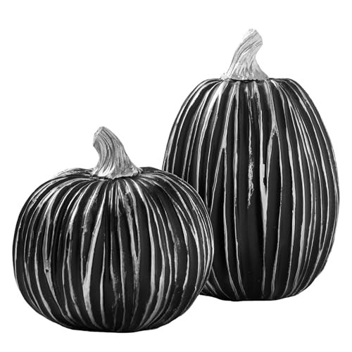 DN DECONATION Pumpkin Decorations for Fall and Halloween Indoor Home Decor, Black and Silver Faux Pumpkins–Fall Halloween Table Centerpiece, 2-Pack Resin Pumpkin for Thanksgiving Modern Farmhouse | Amazon (US)
