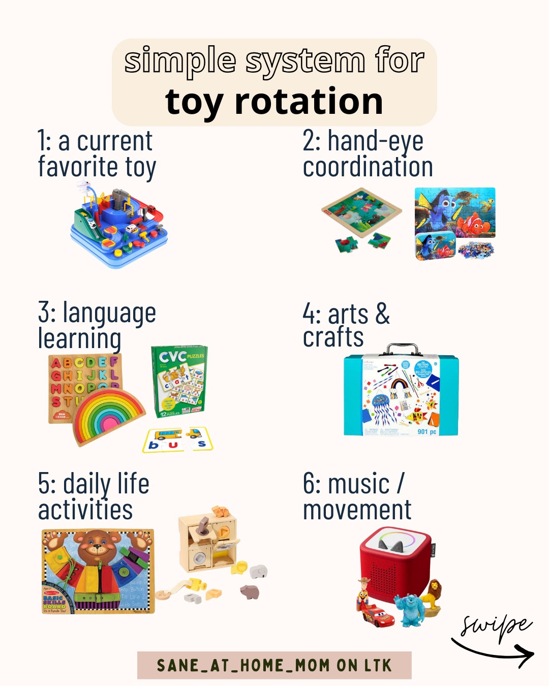 A simple toy rotation system for toddlers & preschoolers 🤍

I rotate toys by developmental category to support focused play, skill-building, and calm days at home — without overwhelm.

✨ All toys are linked 
✨ Screen-free, high-quality, mom-approved
✨ Easy to save and rotate weekly or monthly

👉 Shop the full toy rotation system here on LTK

#toyrotation #intentionalplay #toddlertoys #preschooltoys #stayathomemom #montessoriinspired



#LTKmomlife #LTKKids #LTKHome