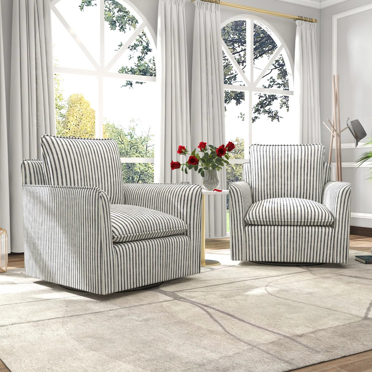 Romines 29.7" W Modern Soft Stripe Upholstered Swivel Barrel Chair with Removable Cushion (Set of... | Wayfair North America