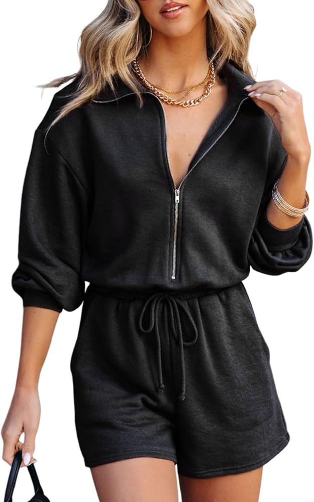BLENCOT Women's Half Zip V Neck Short Rompers Long Sleeve One Piece Outfit Casual Drawstring Wais... | Amazon (US)