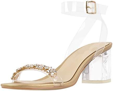 Yolkomo Women's Crystal Open Toe Ankle Strap Sandals Chunky Mid Rhinestone Heels Gold Transparent... | Amazon (US)