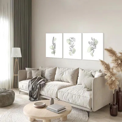 Sage Green Botanical Wall Art, Boho Wall Art Farmhouse Decor, Framed Plant Wall Decor Sage Green Watercolor Wild Flowers Floral Leaf Line Canvas Paint | Wayfair North America