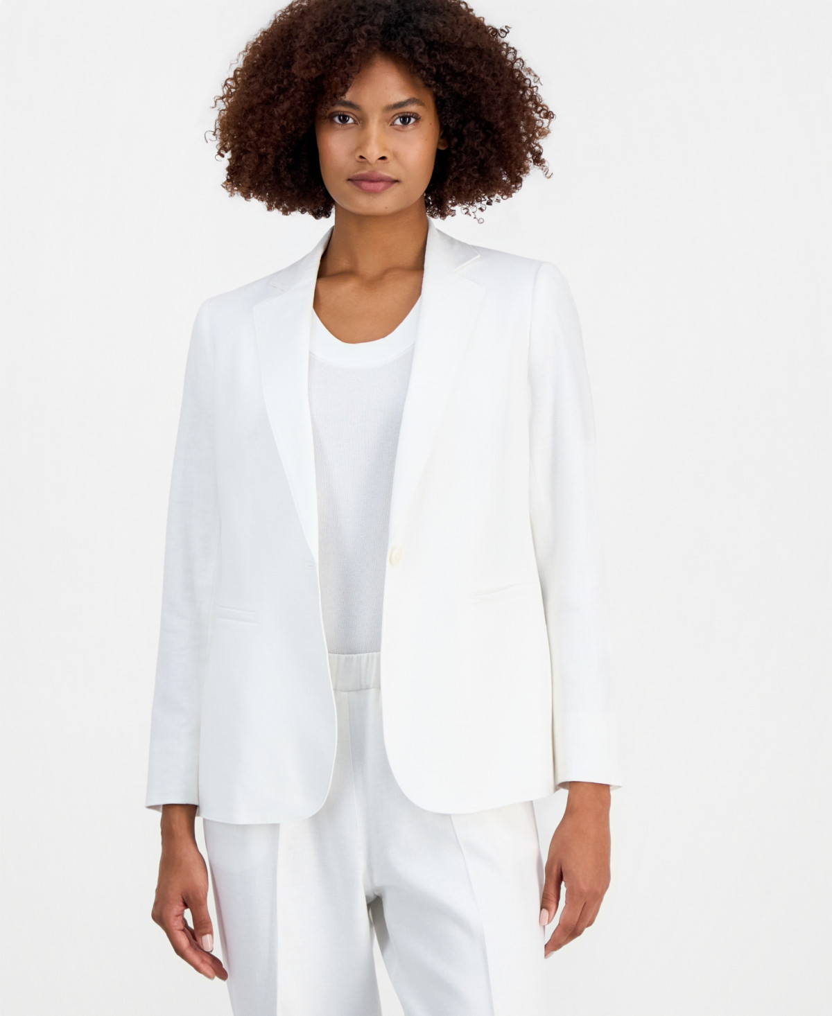 Anne Klein Women's Linen-Blend One-Button Notched-Collar Blazer - Crisp White | Macy's