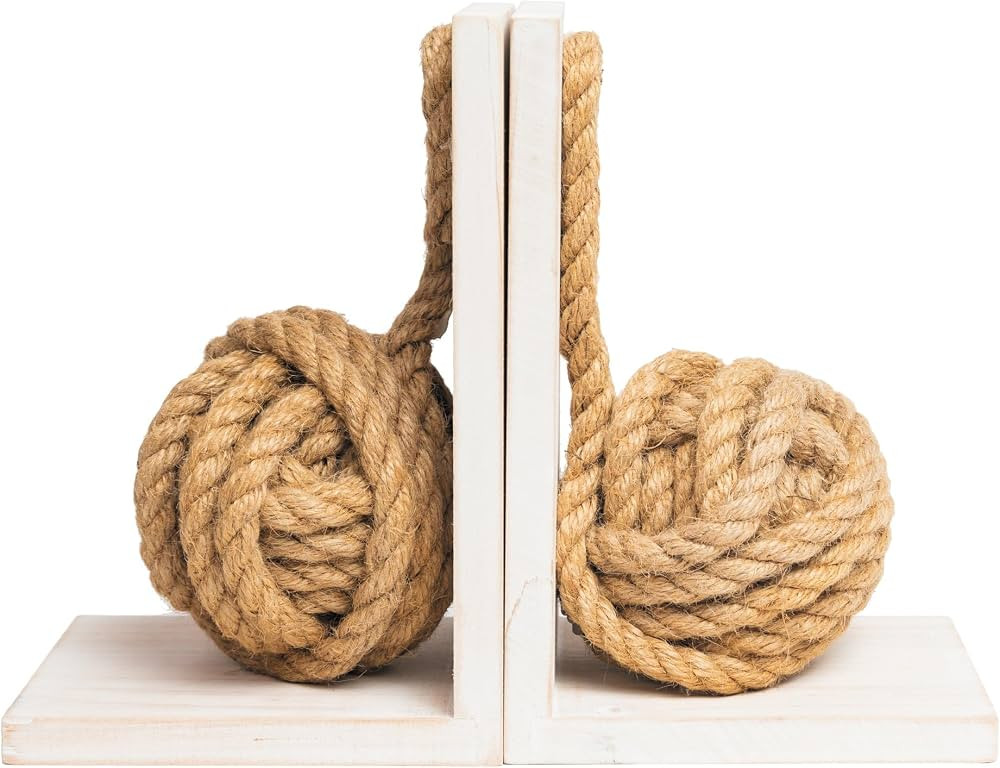Defined Deco Decorative Bookends,Vintage Wood Bookends with Heavy Nautical Knot Rope,Beach House ... | Amazon (US)