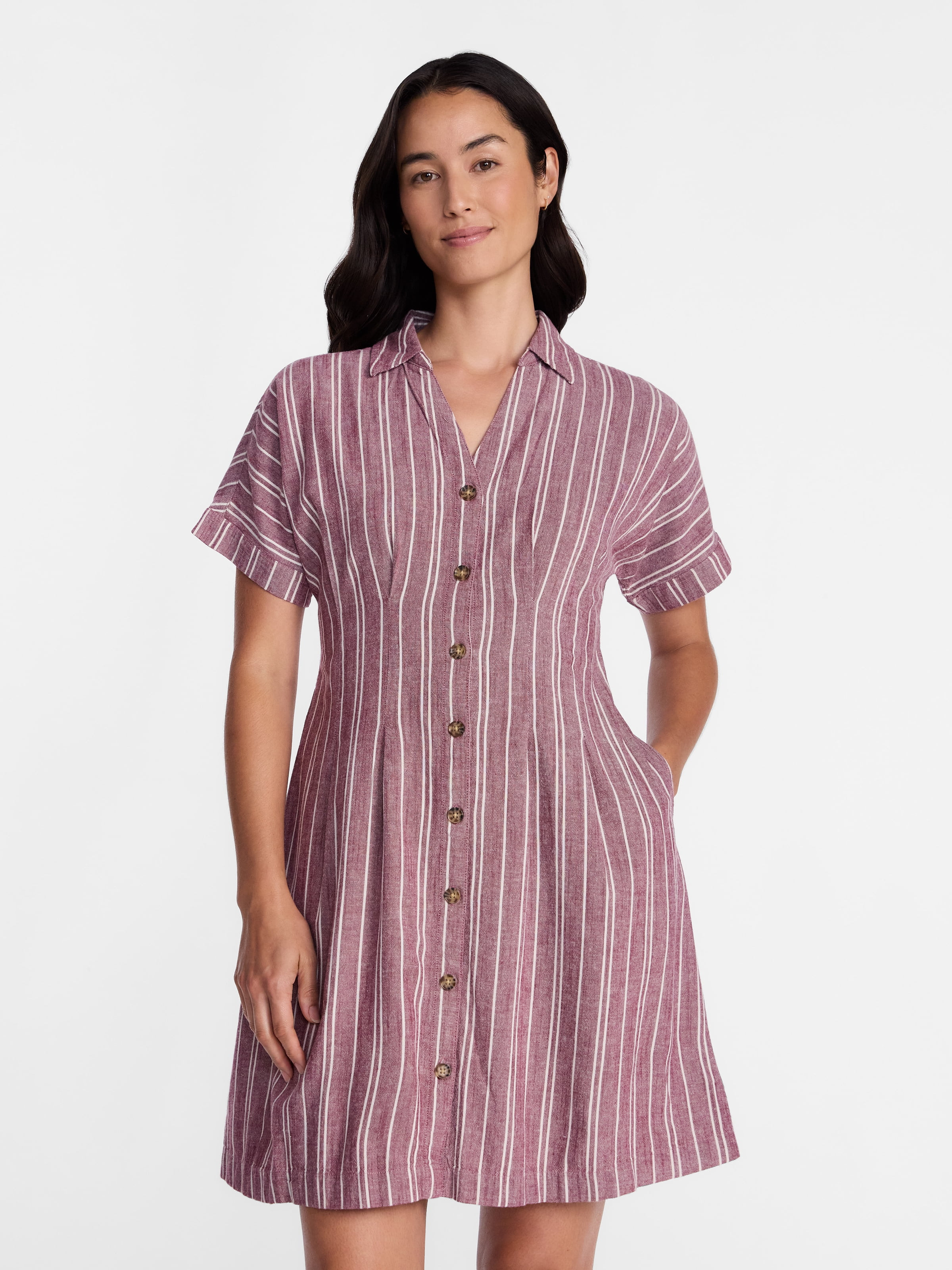 Time and Tru Women's Linen Blend Pleated Mini Shirtdress with Short Sleeves, Sizes XS-XXXL | Walmart (US)