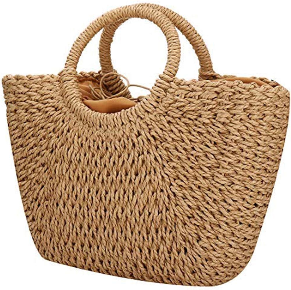 EROUGE Natural Chic Straw Bag Hand Woven Round Handle Handbags Retro Summer Beach Bag Beach Bag | Amazon (US)
