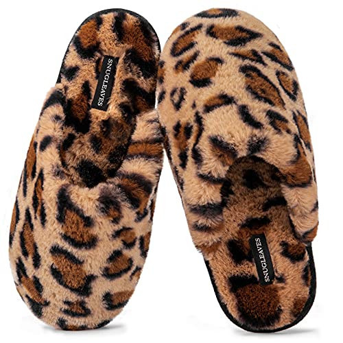 Snug Leaves Women's Fuzzy Scuff Slippers Soft Comfy Memory Foam Non-slip Indoor House Shoes (Cheetah Brown, Size 5-6) | Amazon (US)