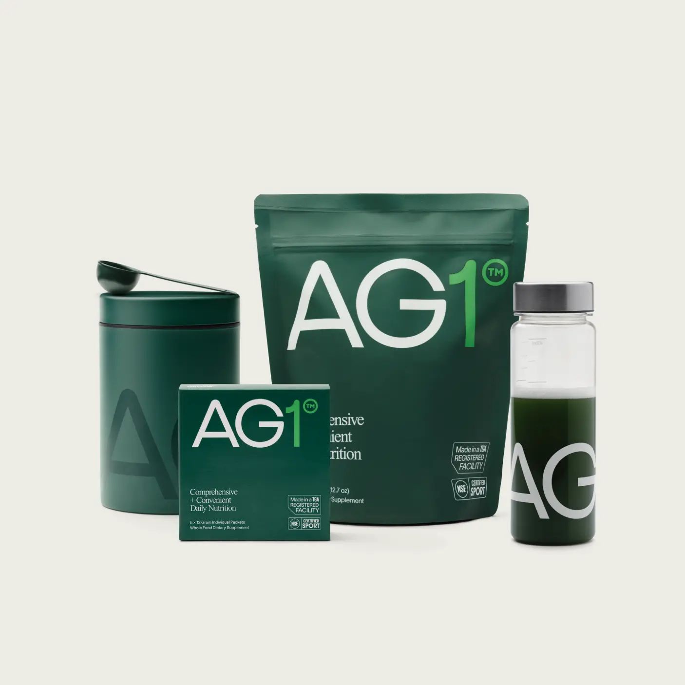 Free Welcome Kit: Premium Canister, Scoop, Shaker & 5 Free Travel Packs** | AG1