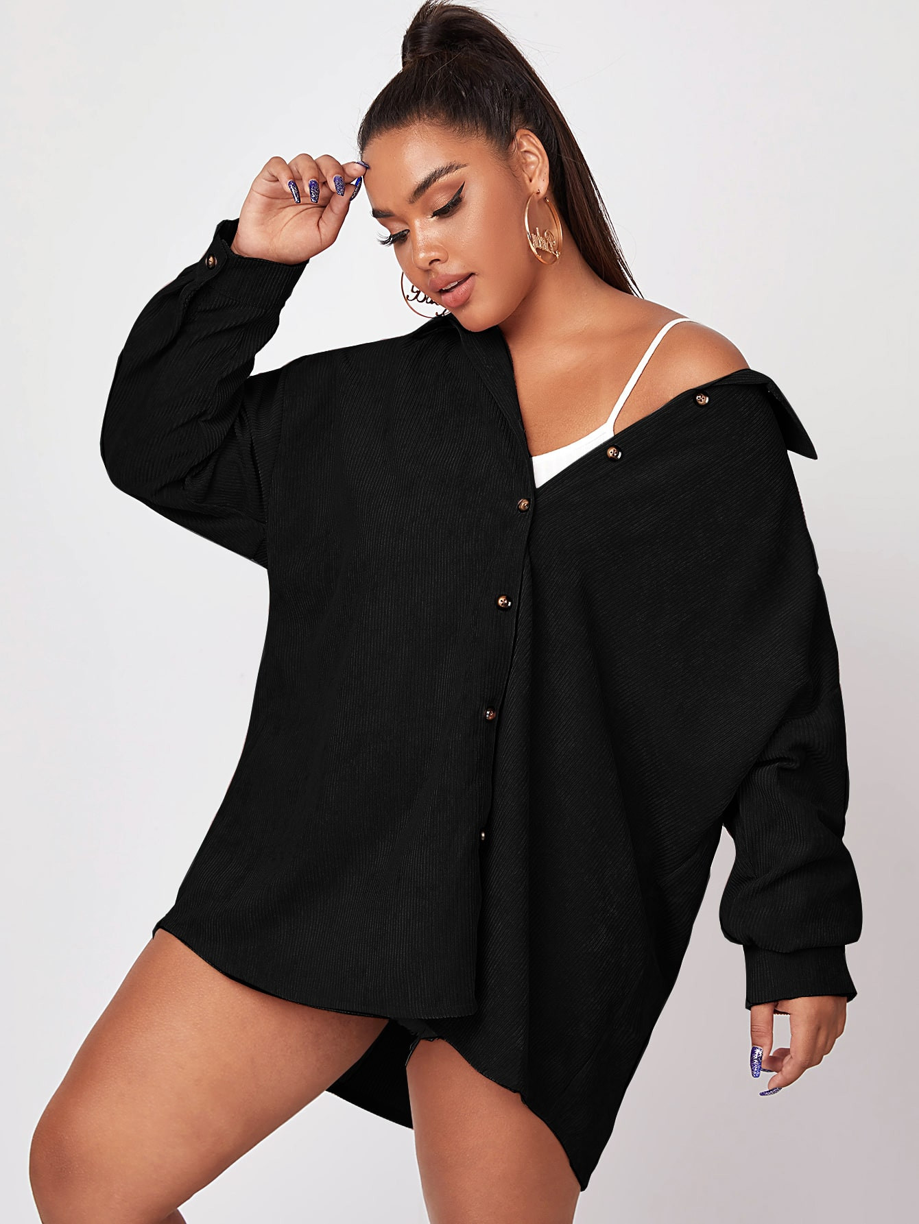 Plus Corduroy Button-Front Oversized Overshirt | SHEIN