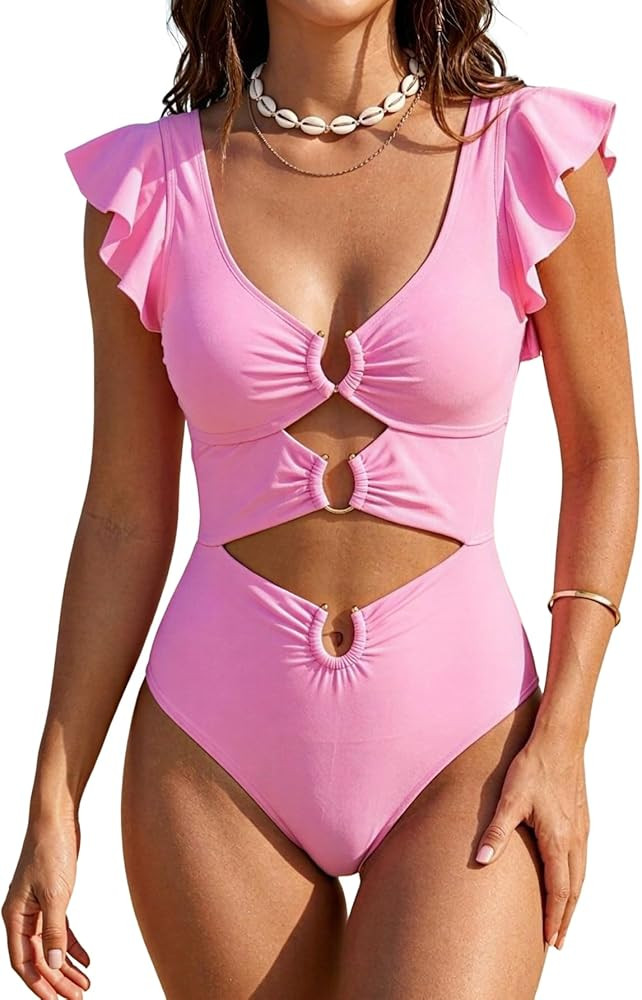 B2prity Women One Piece Swimsuit Tummy Control Ruffle Sleeve V Neck Bathing Suit Cutout Sexy High... | Amazon (US)