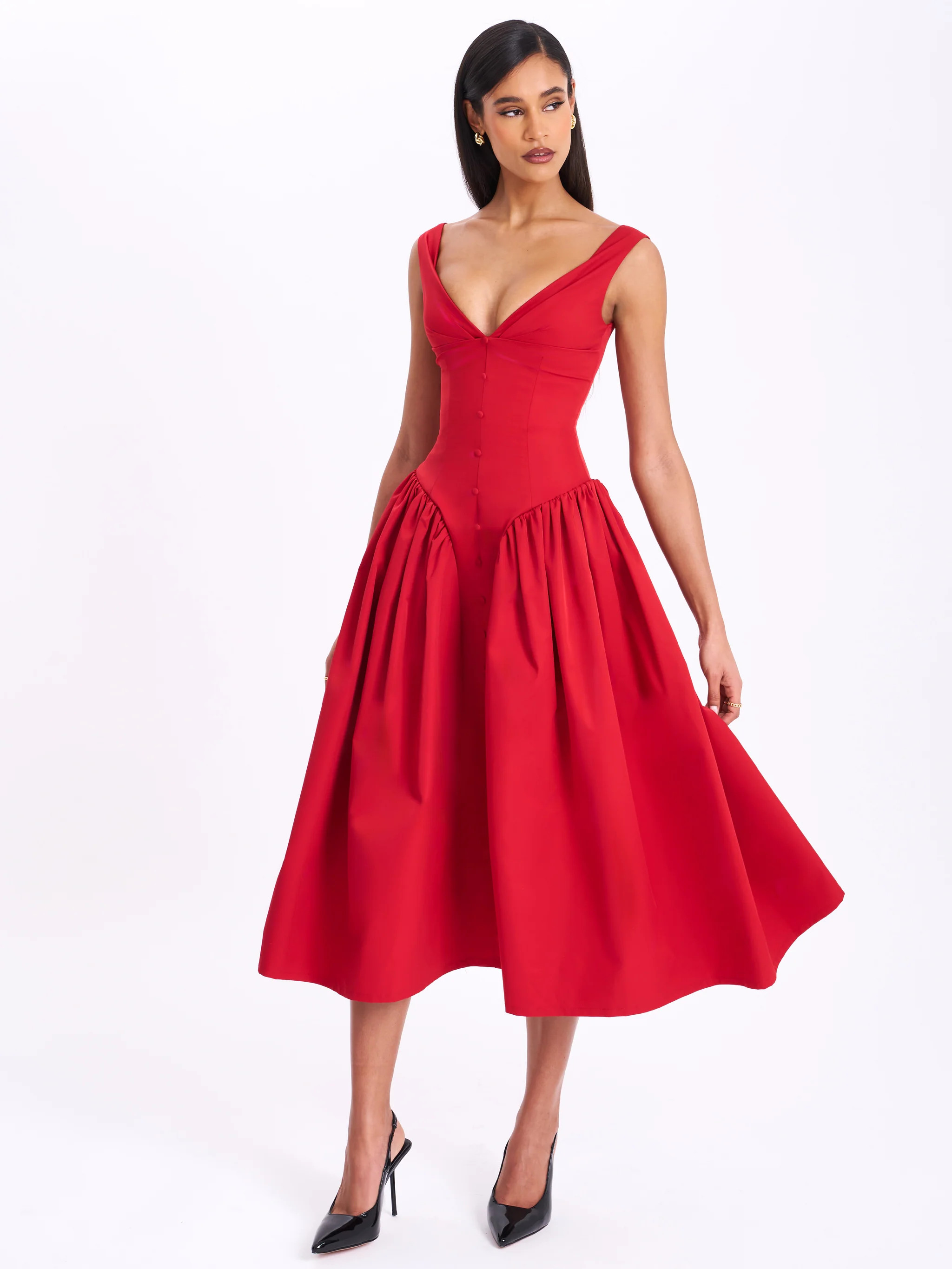 Nahla Red Drop Waist Midi Dress with Buttons | Miss Circle