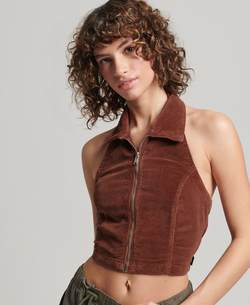 Womens - Collared Zip Thru Velvet Top in Brown | Superdry | Superdry (UK)