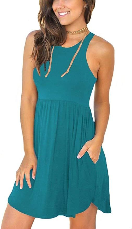 WNEEDU Women's Summer Casual T Shirt Dresses Beach Cover up Plain Pleated Tank Dress | Amazon (US)