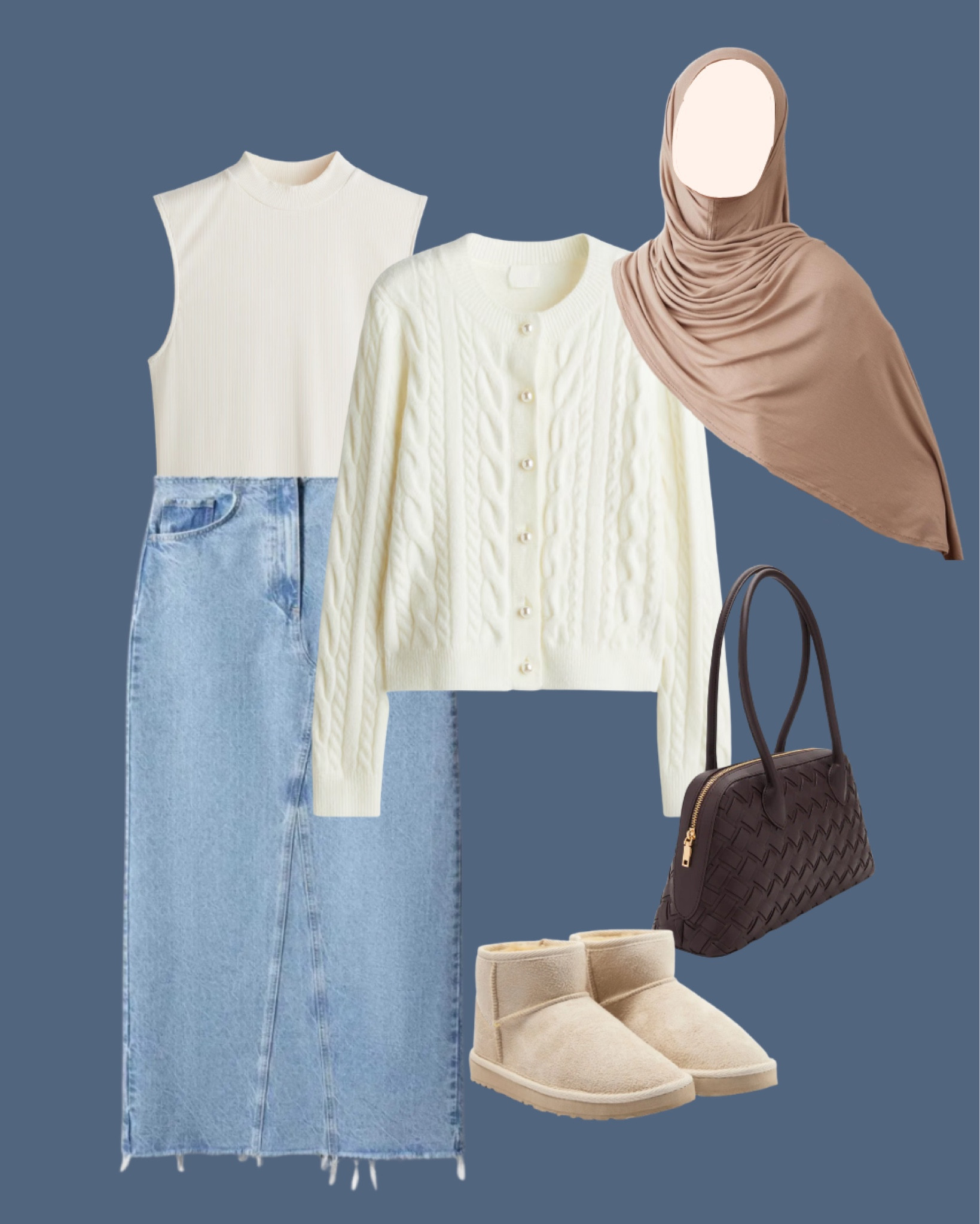 Casual cozy chic fall outfit ideas with cable knit cardigan and blue denim skirt. Autumn style, fall ootd, hijabi look, fall hijab outfit.