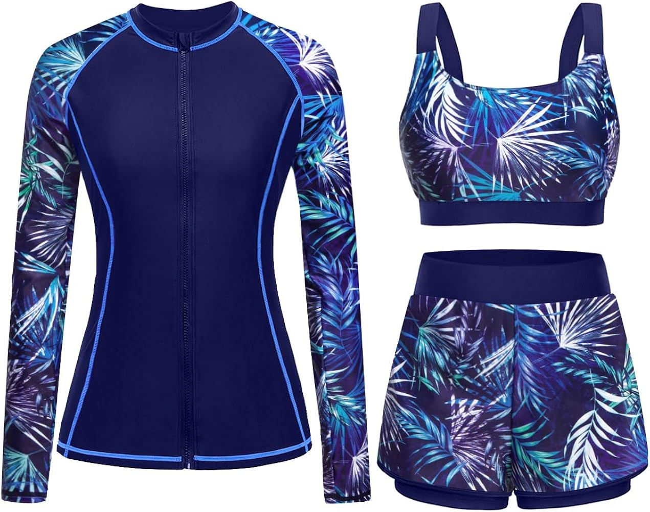 3 Piece Rash Guard for Women - Long Sleeve Swimsuits with Shorts SPF Zip up Swim Shirt with Built... | Amazon (US)