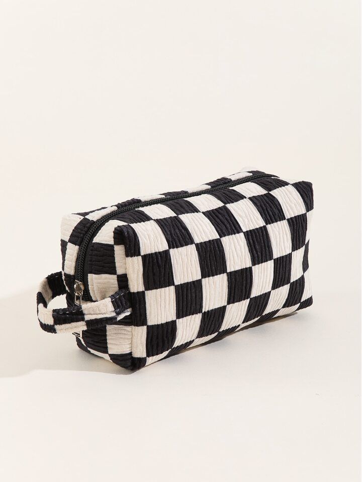 1Pc Plush Checkerboard Pleated Makeup Bag Classic Travel Organizer For Women And Girls Makeup Bag... | SHEIN
