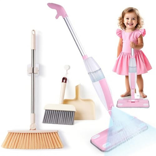 Lullulii Kids Spray Mop,Toddler Mop Cleaning Set, Real Working Mini Mop & Kids Broom Dustpan Set, Housekeeping Pretend Play Toy, Montessori Kid Cleaning Toy Set Includes Organizer Clip -Pink | Amazon (US)