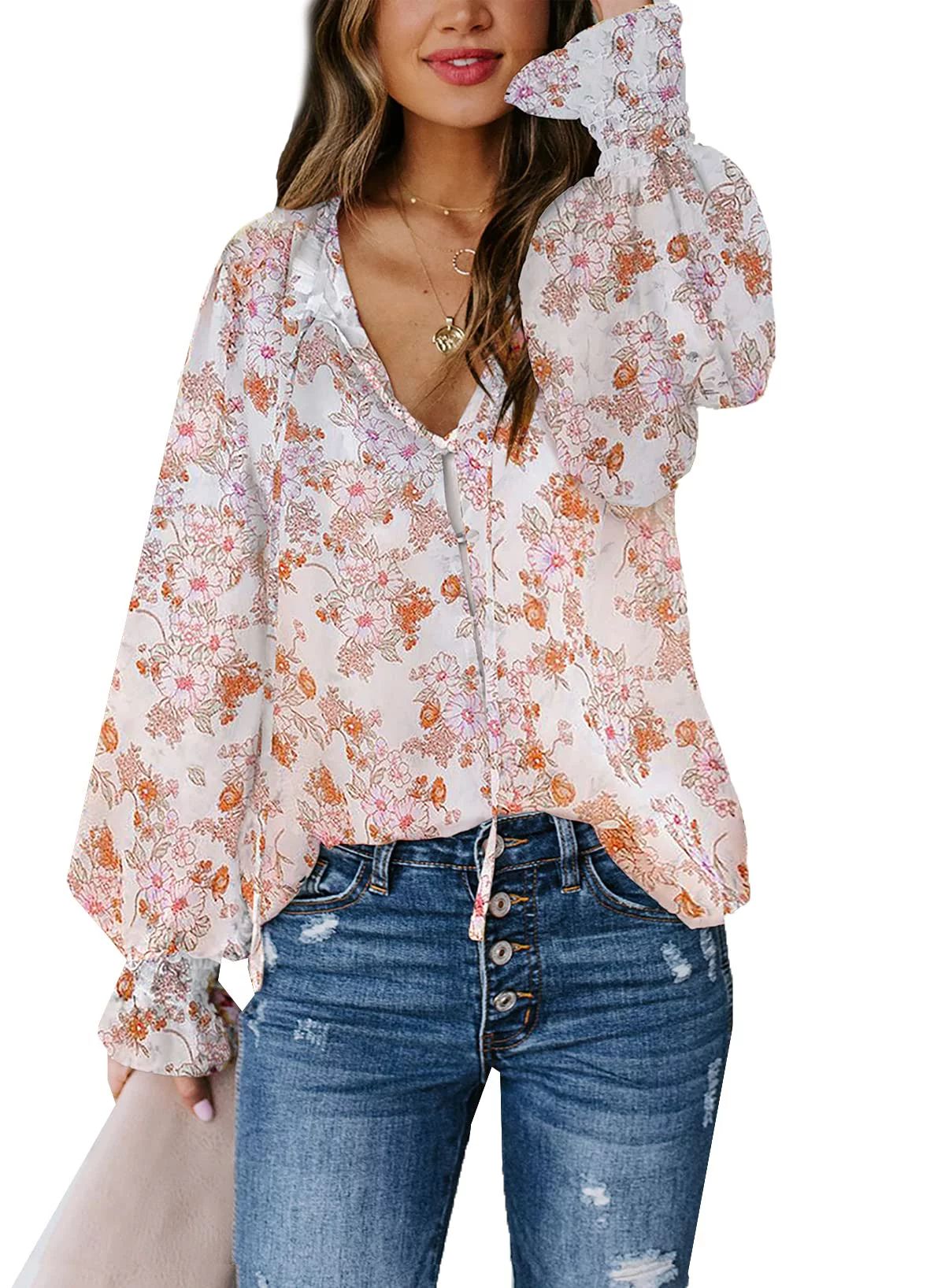 Dearlove Boho Blouses for Women Floral Print V Neck Shirts Casual Puff Sleeve Drawstring Tunic To... | Walmart (US)