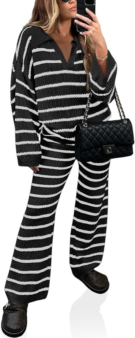 Yousify 2 Piece Sets for Women Long Sleeve V Neck Sweater Lounge Set Striped Fall Outfits 2024 S-... | Amazon (US)