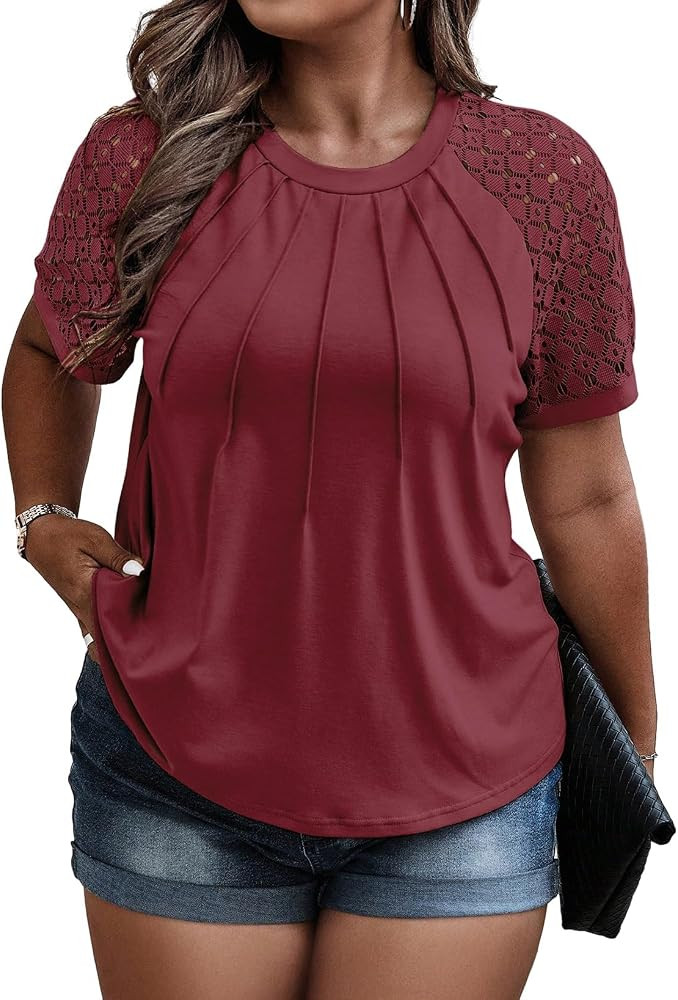 Eytino Plus Size Tops for Women Summer Lace Short Sleeve Crewneck Loose Casual Blouse Tunic T Shi... | Amazon (US)
