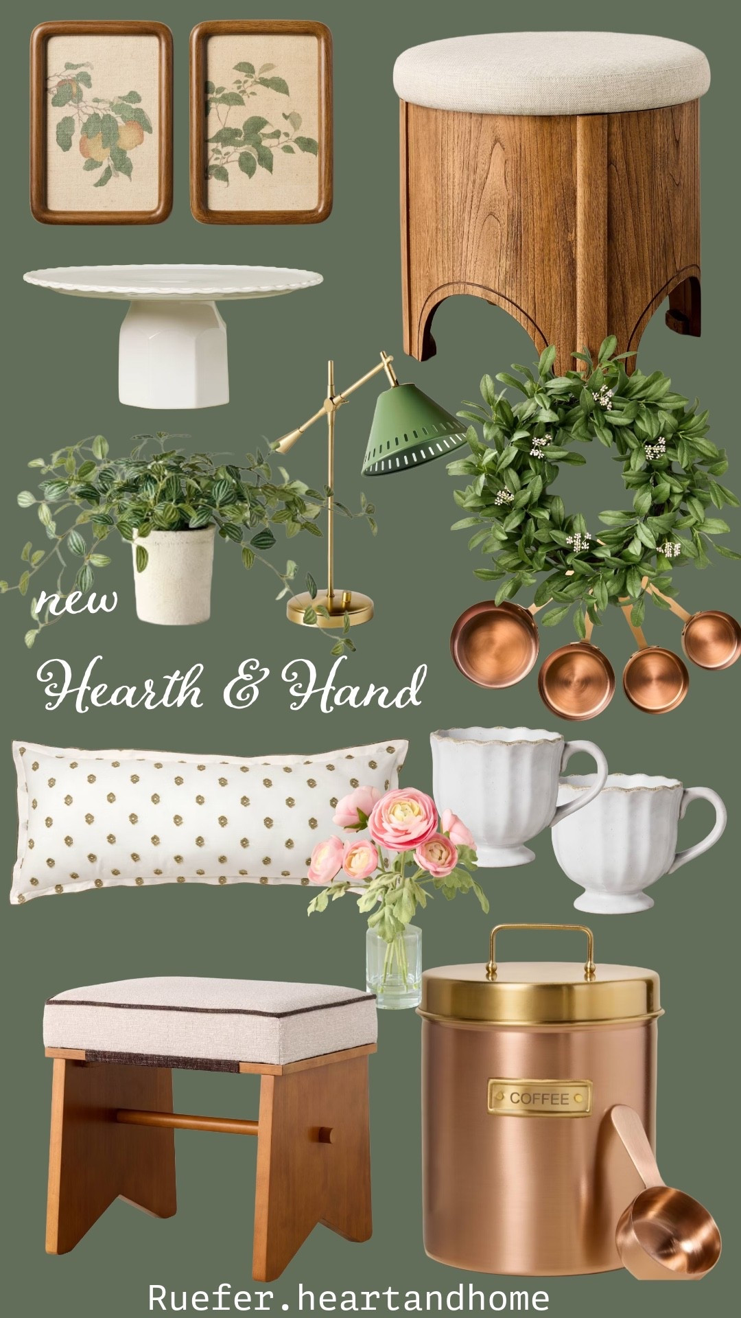 New Hearth and Hand drop at Target. Loving these new home decor and kitchen items… wreath, table lamp, mid century ottoman, wood storage ottoman, scallop mug, pillow, lumbar pillow, copper coffee canister, copper measuring cups, scallop pedestal cake stand, brass lamp, framed art

#LTKHome #LTKSeasonal #LTKFindsUnder50