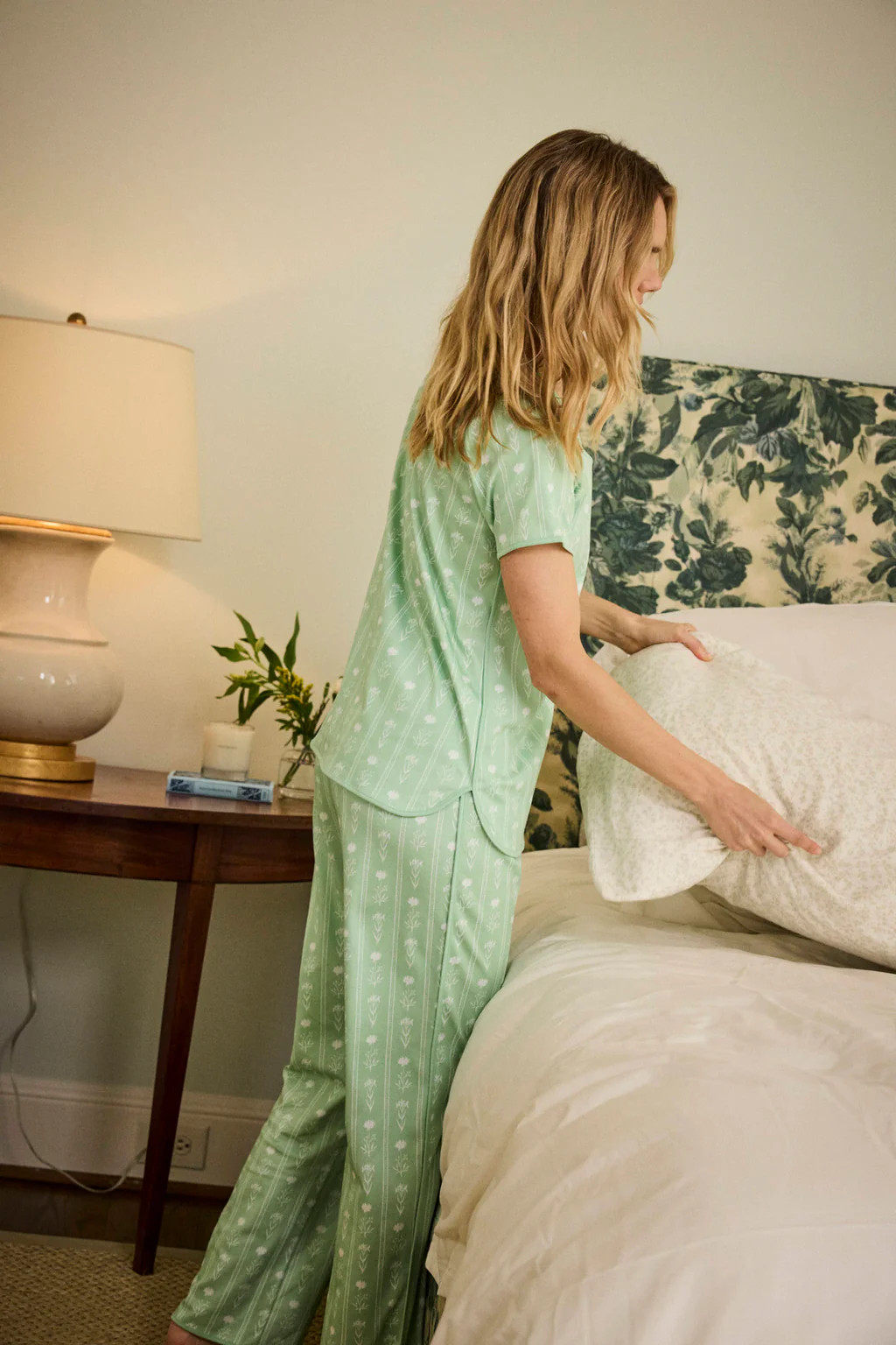 Pima Short-Long Set in Parisian Green Watercolor Stems | Lake Pajamas