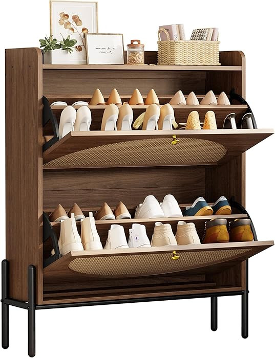 IRONCK Shoe Cabinet Storage with 2 Flip Drawers, Free Standing Wooden Shoe Storage Organizer Cabi... | Amazon (US)