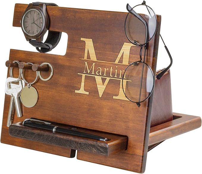 Wood Phone Docking Station for Men Personalized - Hooks Key Holder Wallet Stand Watch Organizer -... | Amazon (US)