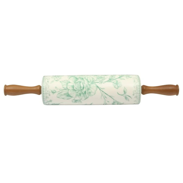 The Pioneer Woman Agatha Ceramic Rolling Pin with Olivewood Handles, Green | Walmart (US)