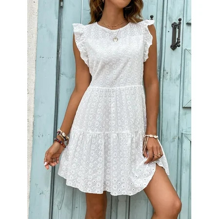 Summer Boho White Women s Eyelet Embroidery Butterfly Sleeve Ruffle Hem Dress L2201202D M(6) | Walmart (US)