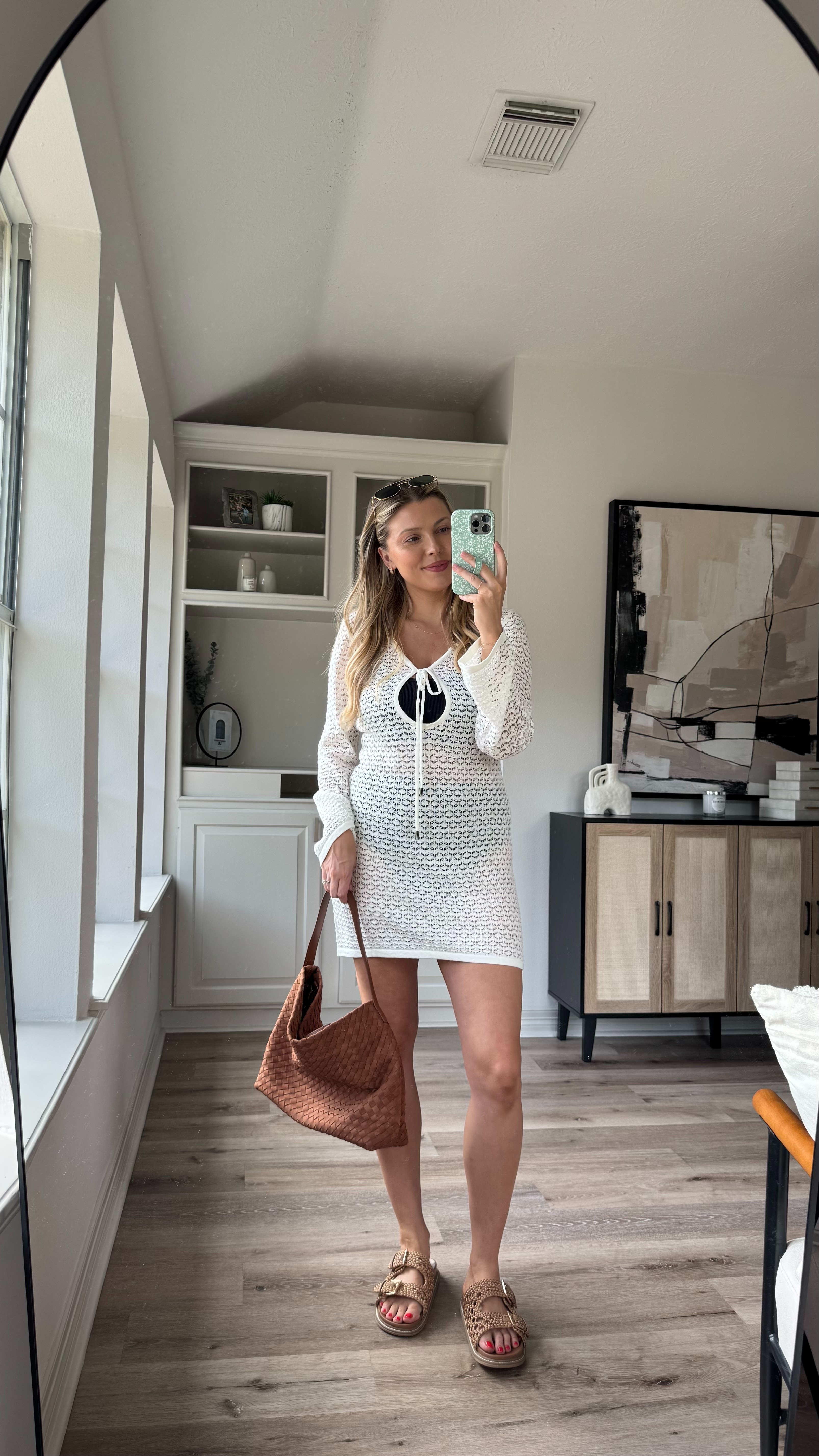 Swim Coverup Outfit | This coverup is so cute for beach or pool days and the front tie makes it nursing friendly. Wearing size S in the coverup. M in swimsuit. Sandals fit tts.  

 

#LTKStyleTip #LTKSwim