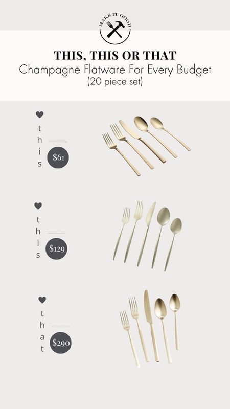 Champagne flatware at every price point. I love to use this flatware to fit into any tablescape design I do for the holidays and beyond 

#LTKSeasonal #LTKhome #LTKHoliday