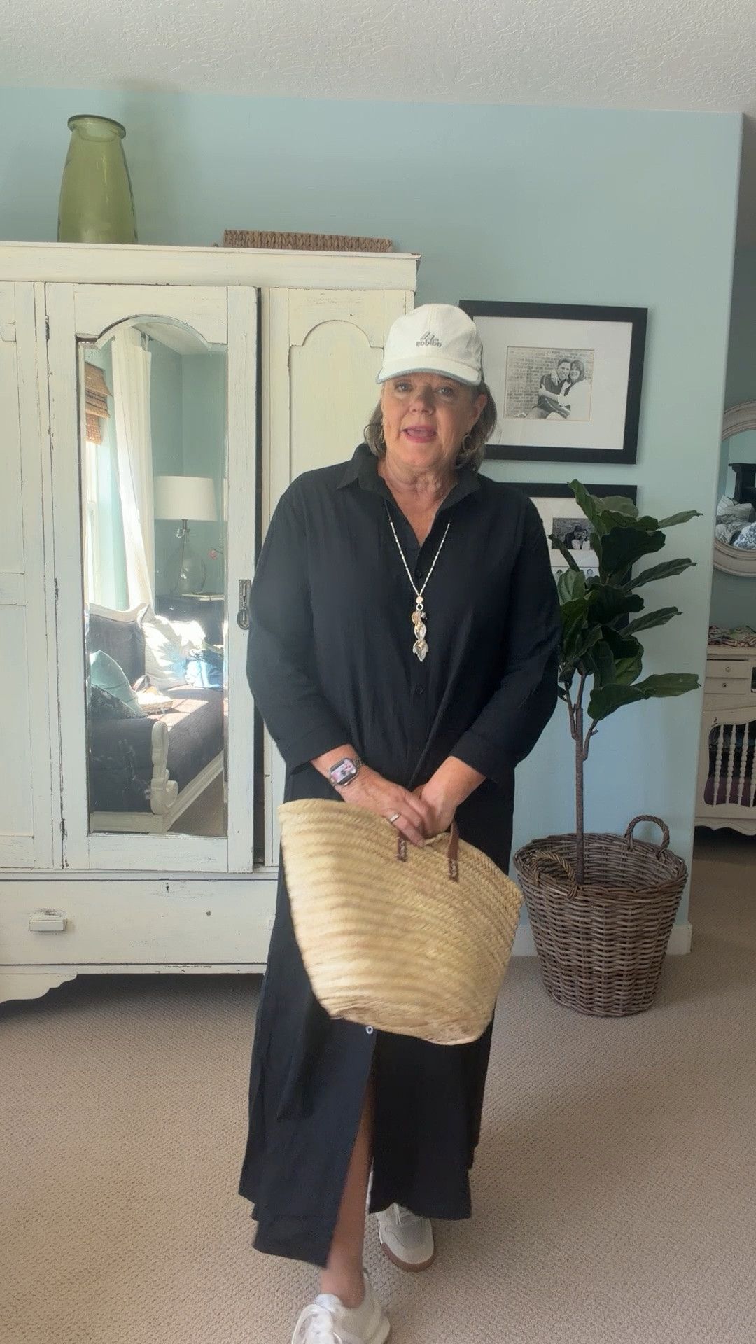 This must have black shirt dress styled casual sporty look for us women over 50! Add a ball cap, comfy creamy white sneakers and a cute fall necklace from @Coldwater Creek 
Of course one needs a straw bag to hold all your goodies from shopping right? 😁👍🏻

#blackshirtdressstyle #classicstyle #over50style

#LTKMidsize