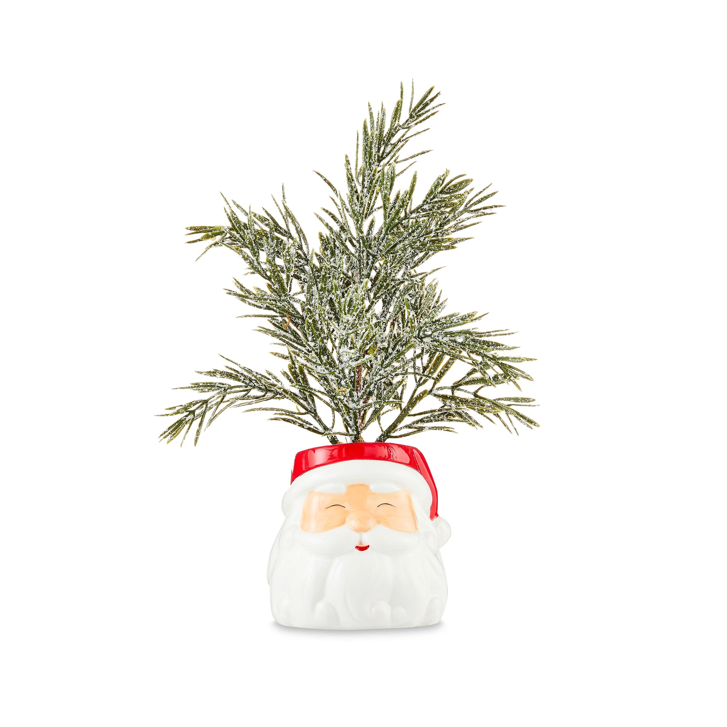 Faux Snow-Flocked Mini Pine Tree in Santa Ceramic Pot Christmas Decoration, Multi-Color, 10.5 in,... | Walmart (US)