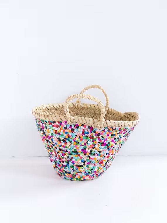 Small Sequin Straw Basket, Straw Bag, Planter, Sequin Purse, Nursery Basket, Toy Storage, Colorfu... | Etsy (US)