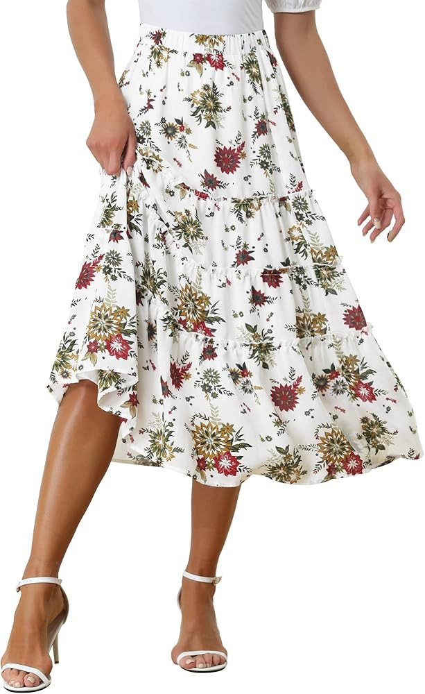 Allegra K Women's Floral Skirts Chiffon A-line Long Tiered Ruffle Boho Midi Skirt XS-3XL | Amazon (US)