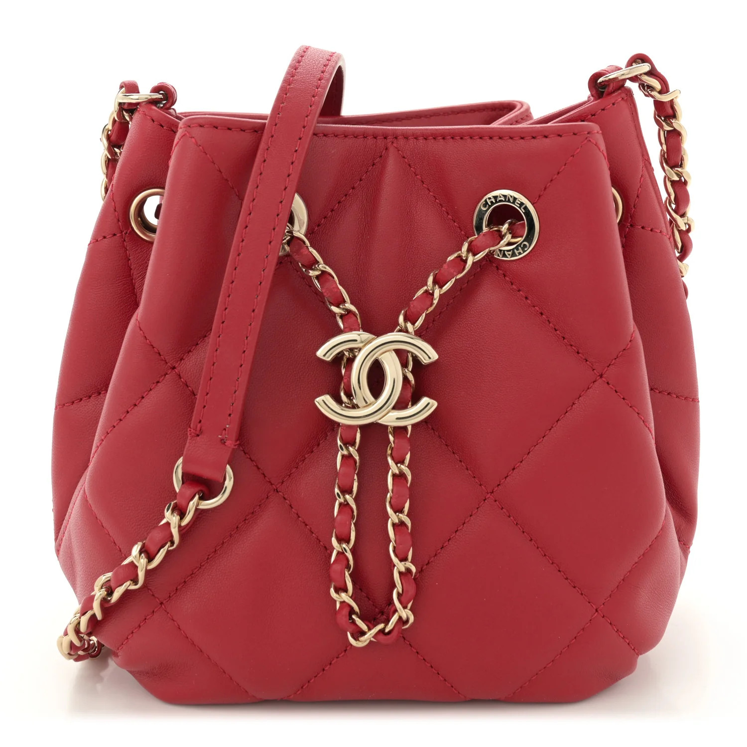 Lambskin Quilted CC Dweller Drawstring Bucket Bag Red | FASHIONPHILE (US)