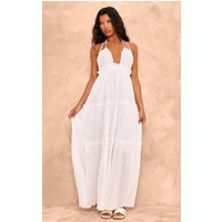 White Tiered Halterneck Maxi Dress, White | PrettyLittleThing UK