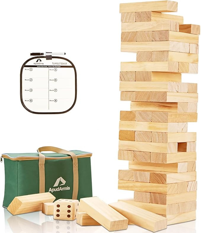 ApudArmis Giant Tumble Tower (Stack up to 4.2Ft), 54 PCS Pine Wooden Stacking Timber Game with 1 ... | Amazon (US)