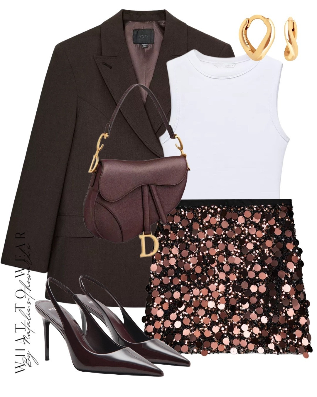 I love this outfit so much! The perfect balance of sequins and tailoring. A brown sequin skirt , a simple white vest top and a brown oversized blazer. The dark burgundy heeled sling back court shoes are so gorgeous! These would be in your wardrobe for years.

Such a nice Christmas party option , New Year’s Eve option , Christmas date night , Christmas Day outfit option 

#LTKautumn #LTKuk #LTKstyletip