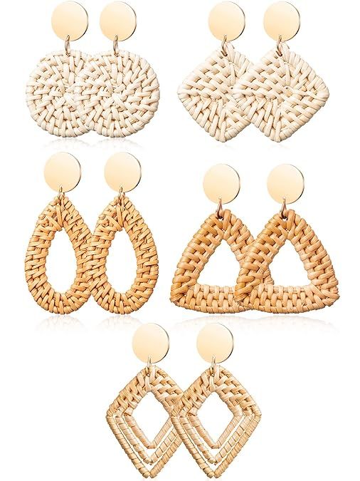 5 Pairs Rattan Earrings Lightweight Geometric Handmade Straw Wicker Knit Hoop Earrings Bohemian D... | Amazon (US)