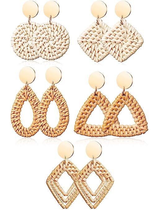 5 Pairs Rattan Earrings Lightweight Geometric Handmade Straw Wicker Knit Hoop Earrings Bohemian D... | Amazon (US)